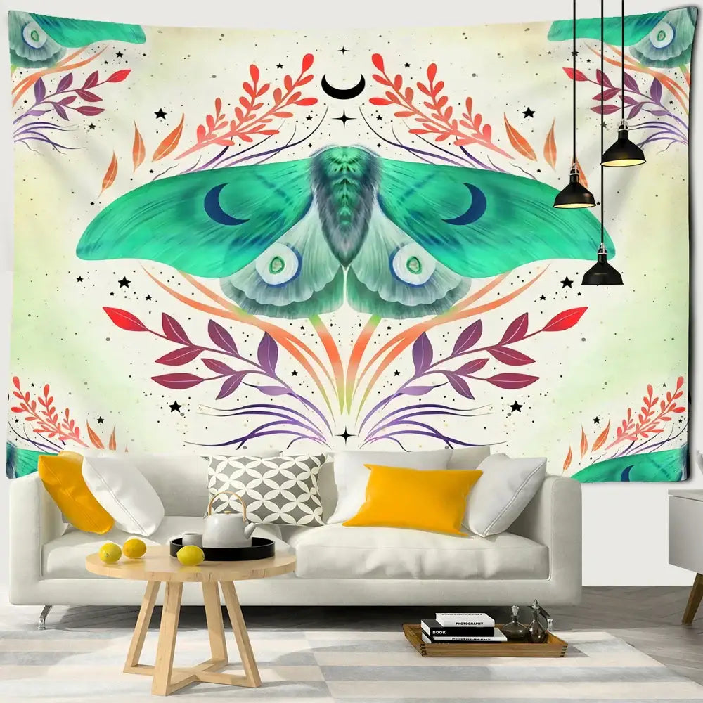 Boho cream and green butterfly tapestry bedroom wall hanging