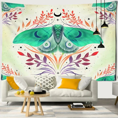 Boho cream and green butterfly tapestry bedroom wall hanging