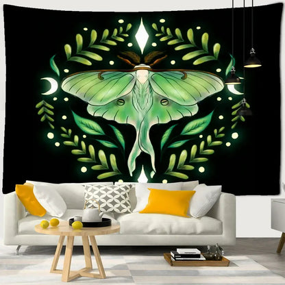 Boho cream and green butterfly tapestry bedroom wall hanging