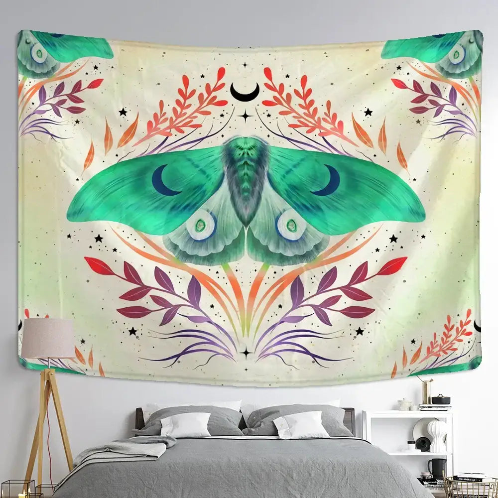 Boho cream and green butterfly tapestry bedroom wall hanging