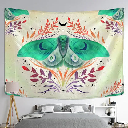 Boho cream and green butterfly tapestry bedroom wall hanging