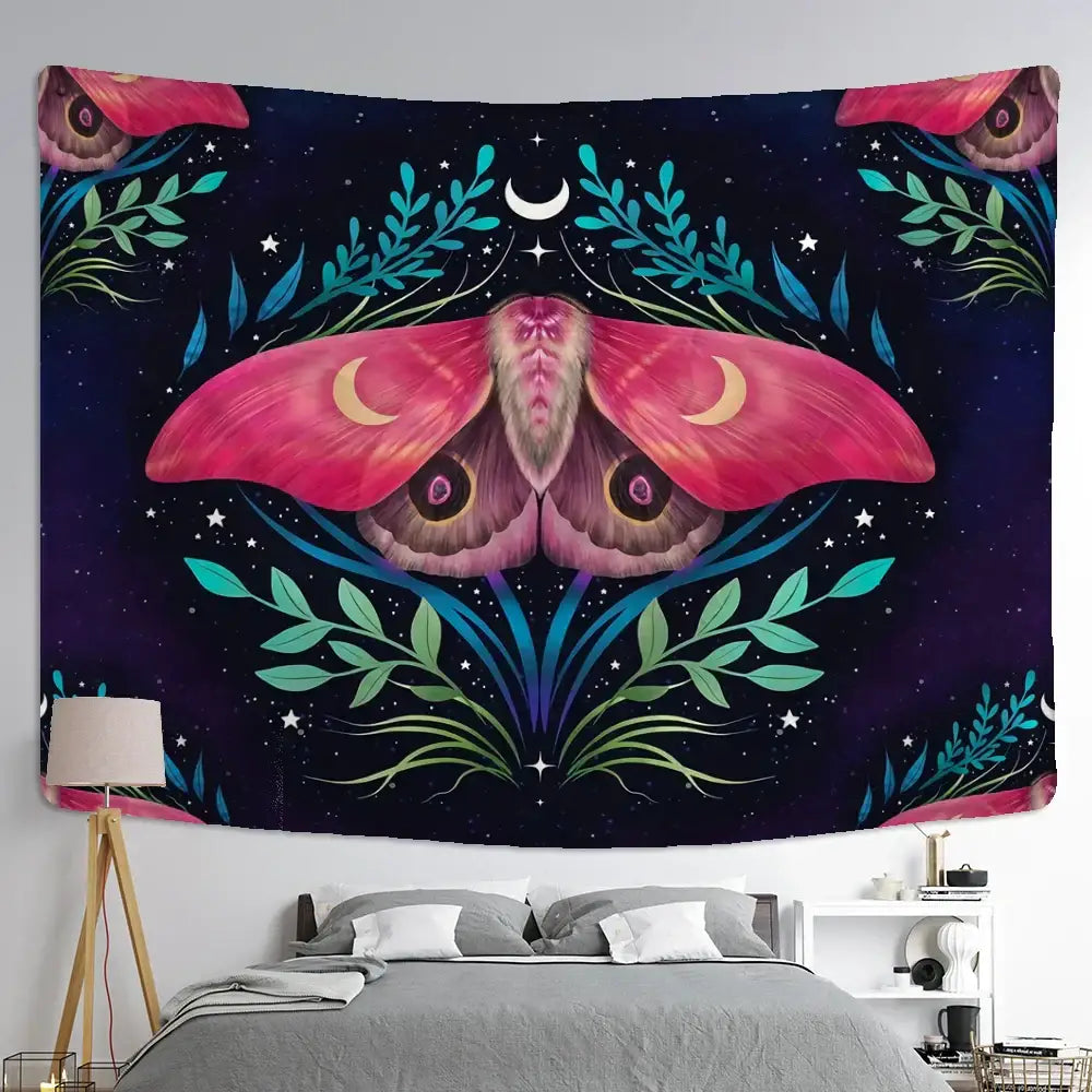 Boho cream and green butterfly tapestry bedroom wall hanging