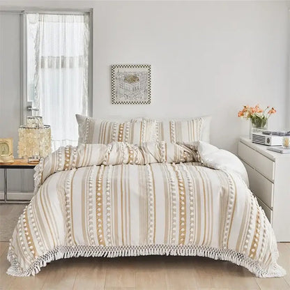 Boho cream & beige striped duvet set bedroom pom pom bedding