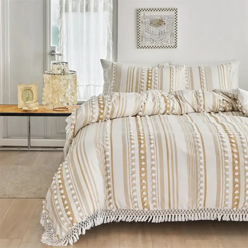 Boho cream & beige striped duvet set bedroom pom pom bedding