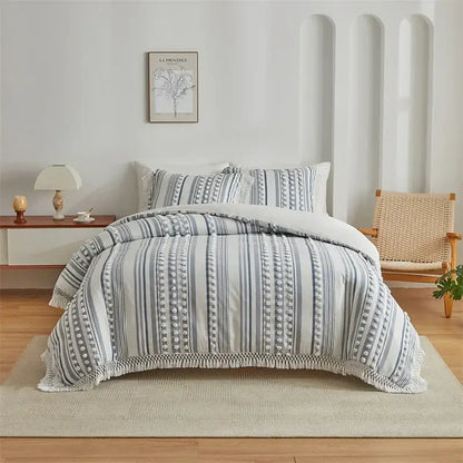 Boho cream & beige striped duvet set bedroom pom pom bedding