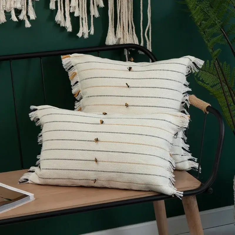 Boho cream & black handmade cotton woven cushion living room pillow