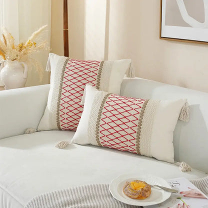 Boho cream & black woven cushion cover living room tasseled pillow