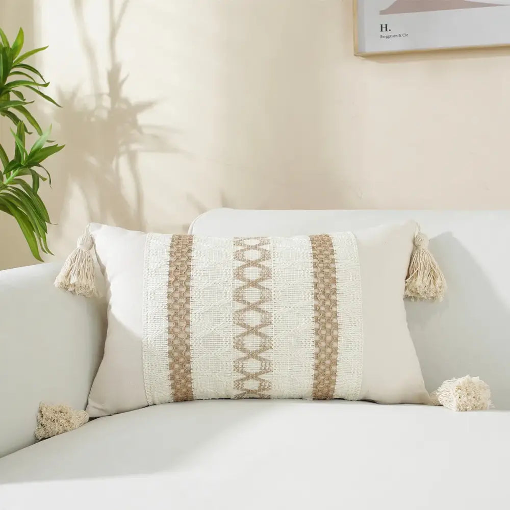 Boho cream & black woven cushion cover living room tasseled pillow
