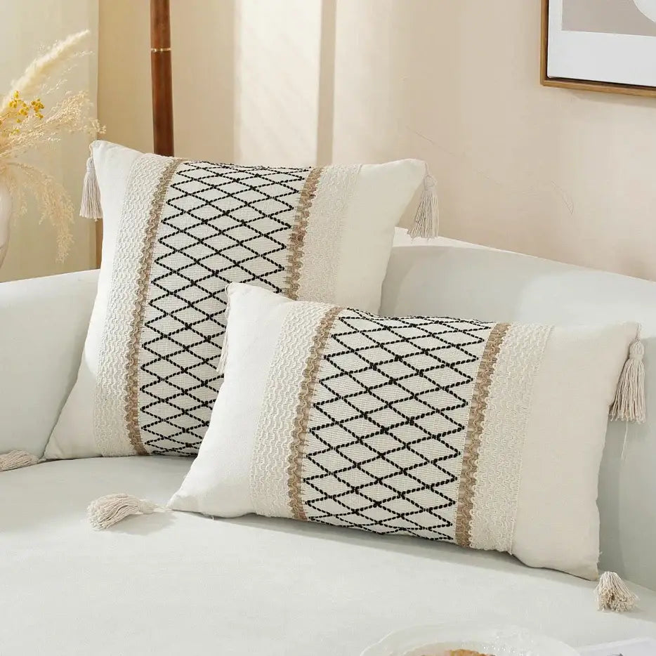 Boho cream & black woven cushion cover living room tasseled pillow