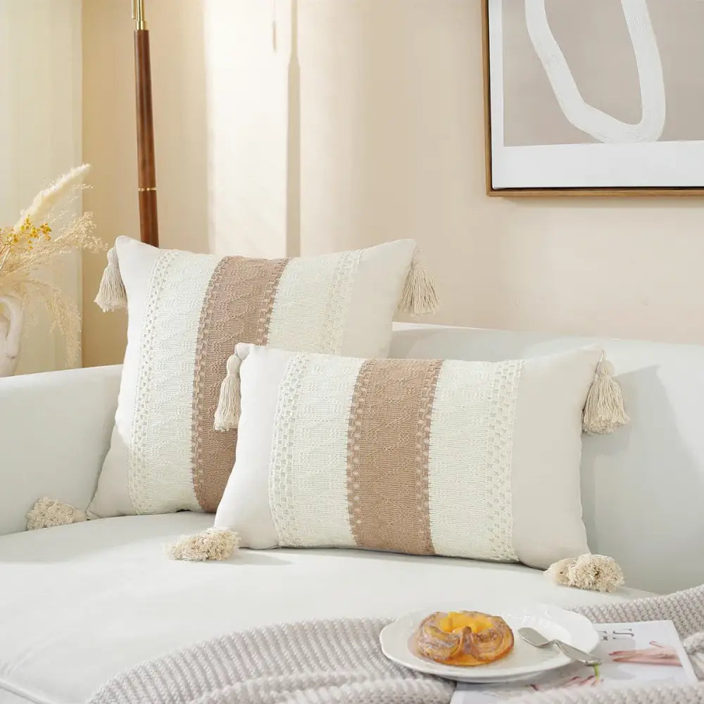 Boho cream & black woven cushion cover living room tasseled pillow