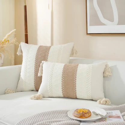 Boho cream & black woven cushion cover living room tasseled pillow