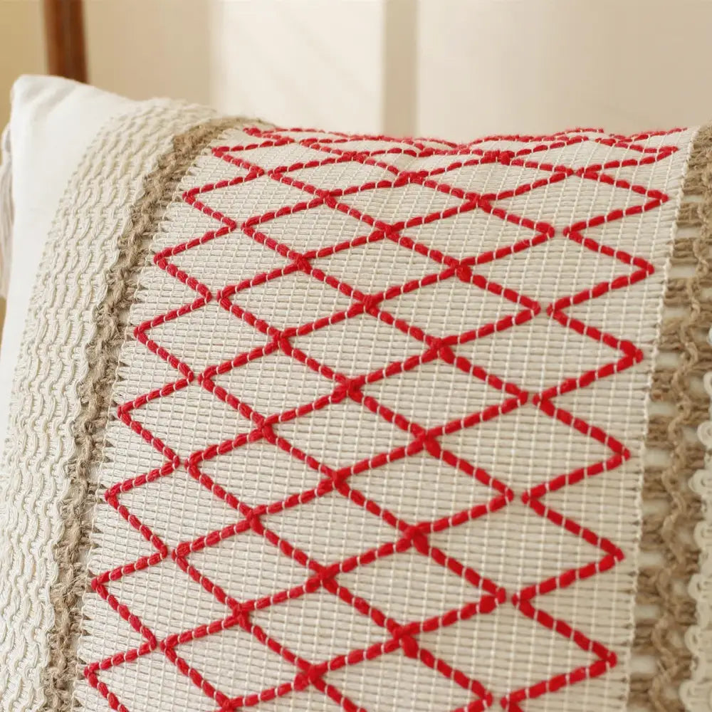 Boho cream & black woven cushion cover living room tasseled pillow