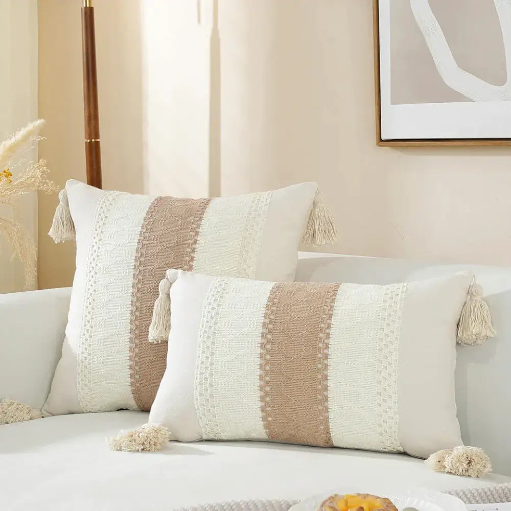 Boho cream & black woven cushion cover living room tasseled pillow