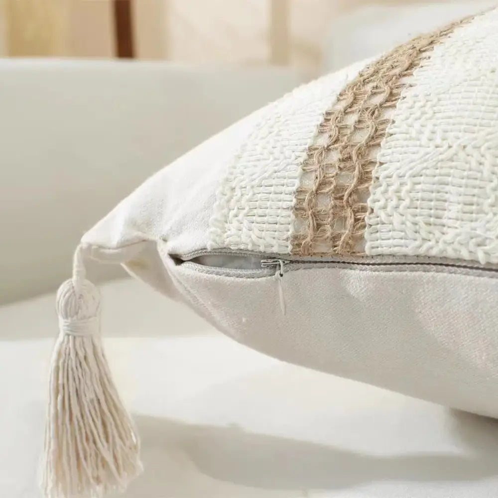 Boho cream & black woven cushion cover living room tasseled pillow