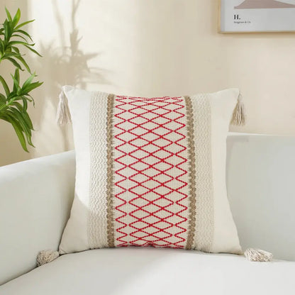 Boho cream & black woven cushion cover living room tasseled pillow