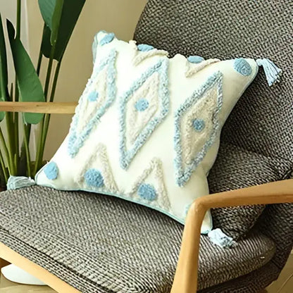 Boho cream & blue diamond cushion cover living room tassels
