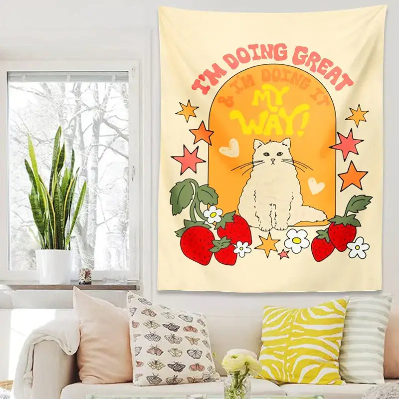 Boho cream cat star strawberry tapestry bedroom wall hanging