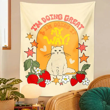 Boho cream cat star strawberry tapestry bedroom wall hanging
