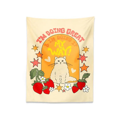 Boho cream cat star strawberry tapestry bedroom wall hanging