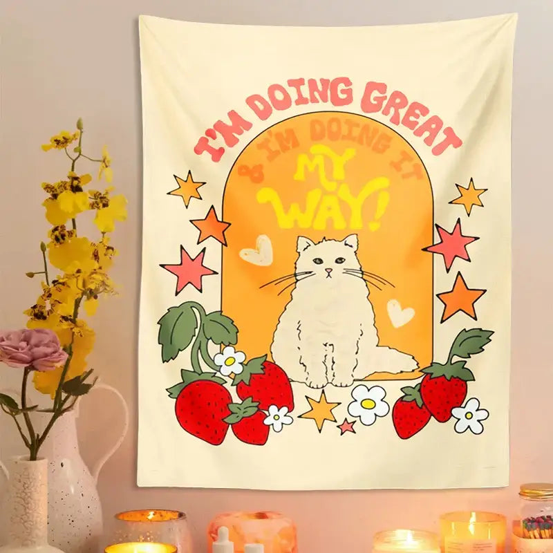 Boho cream cat star strawberry tapestry bedroom wall hanging