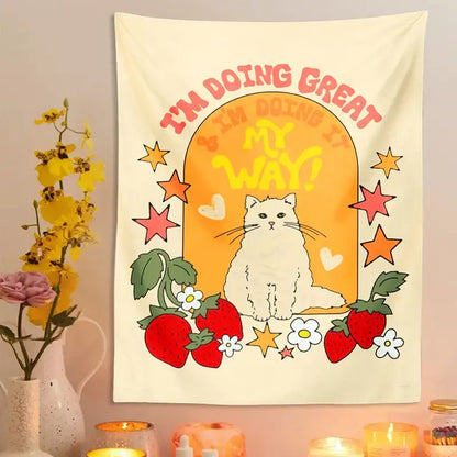 Boho cream cat star strawberry tapestry bedroom wall hanging