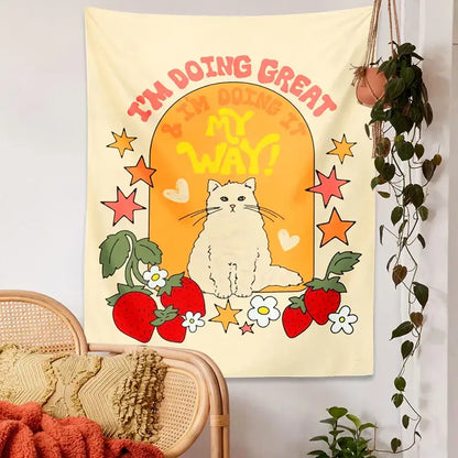 Boho cream cat star strawberry tapestry bedroom wall hanging
