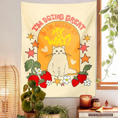 Boho cream cat star strawberry tapestry bedroom wall hanging