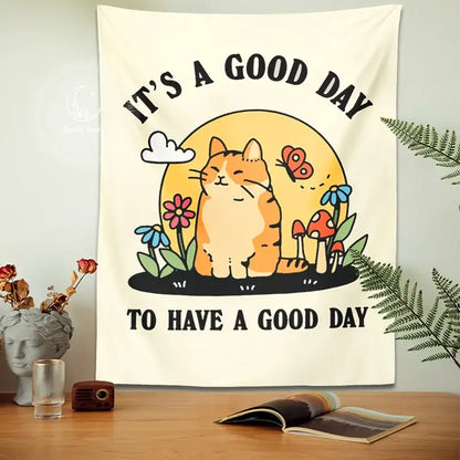 Boho cream cat tapestry with flowers and mushrooms for living room