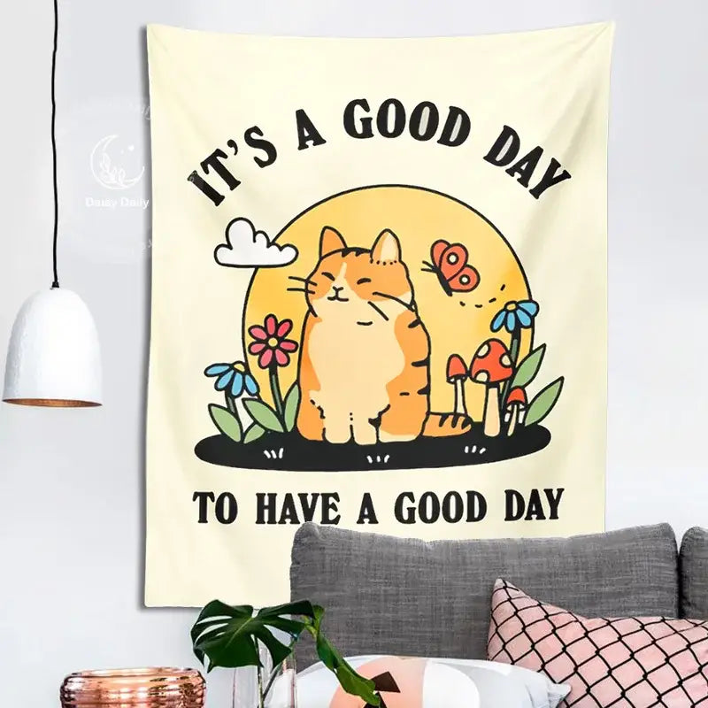 Boho cream cat tapestry with flowers and mushrooms for living room