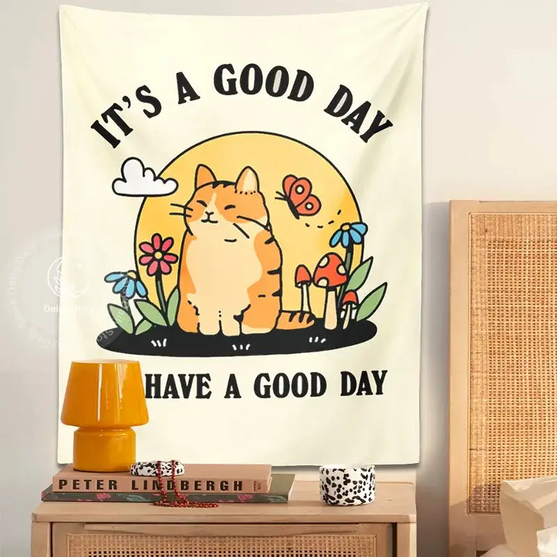 Boho cream cat tapestry with flowers and mushrooms for living room