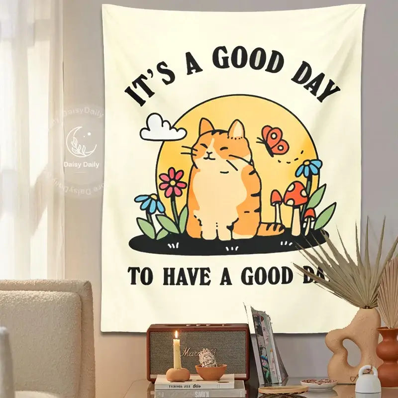 Boho cream cat tapestry with flowers and mushrooms for living room