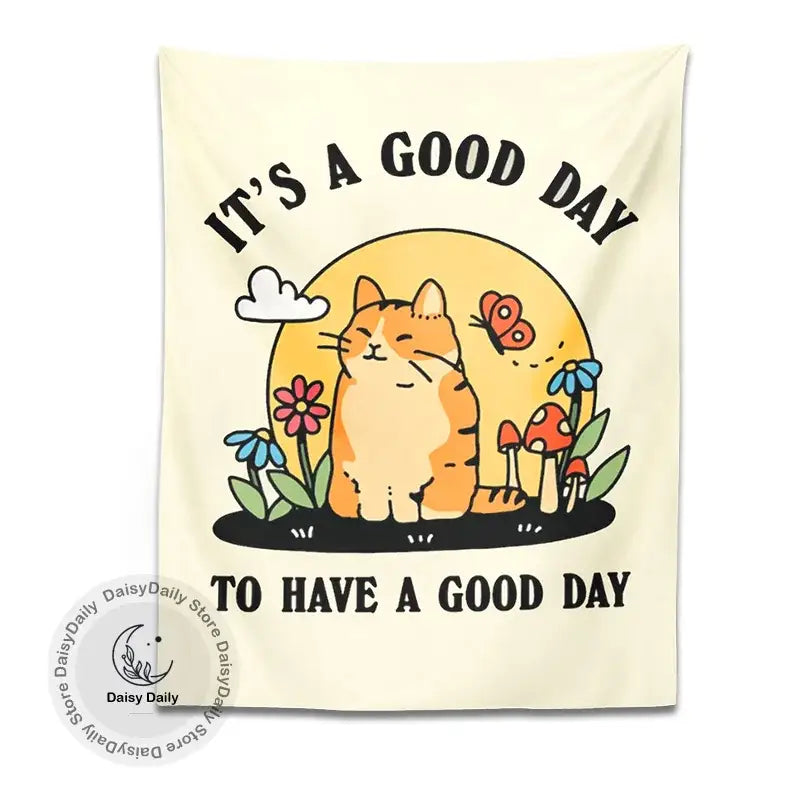 Boho cream cat tapestry with flowers and mushrooms for living room
