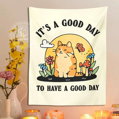 Boho cream cat tapestry with flowers and mushrooms for living room