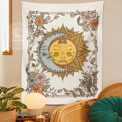 Boho cream celestial sun floral wall tapestry bedroom decor