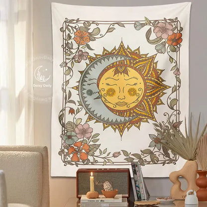 Boho cream celestial sun floral wall tapestry bedroom decor