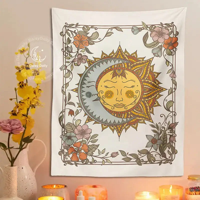 Boho cream celestial sun floral wall tapestry bedroom decor