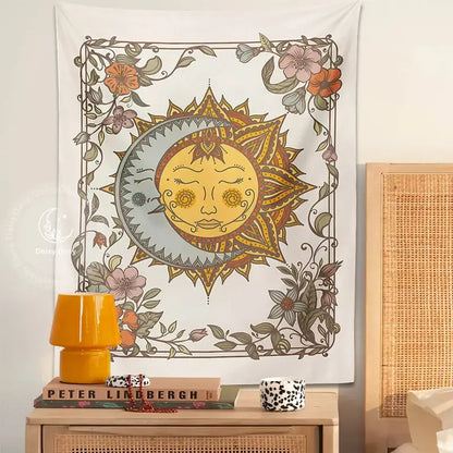 Boho cream celestial sun floral wall tapestry bedroom decor