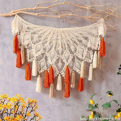Boho cream cotton macrame tassel wall hanging for living room