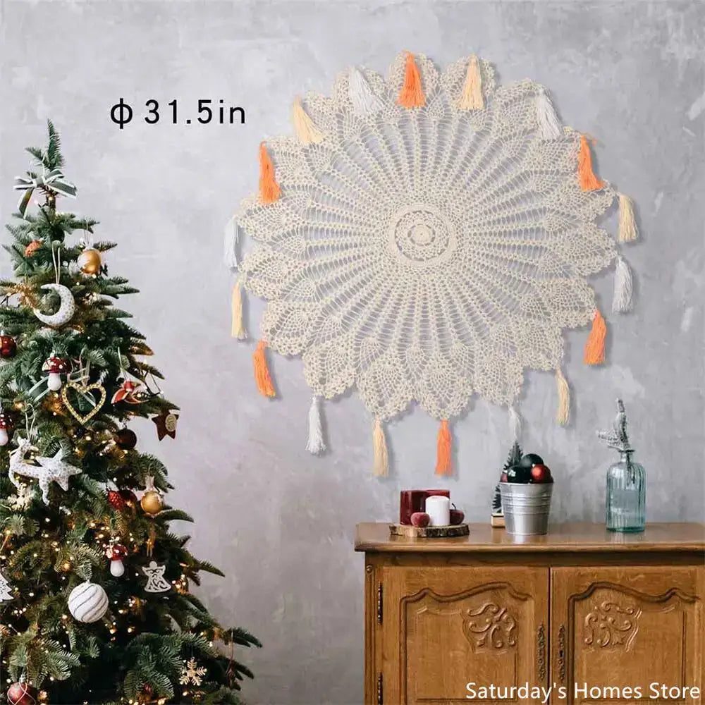Boho cream cotton macrame tassel wall hanging for living room