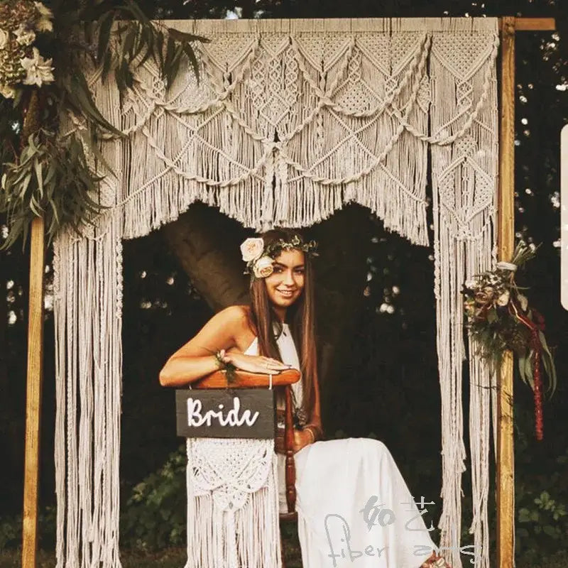 Boho cream cotton macrame wedding backdrop – living room wall decor