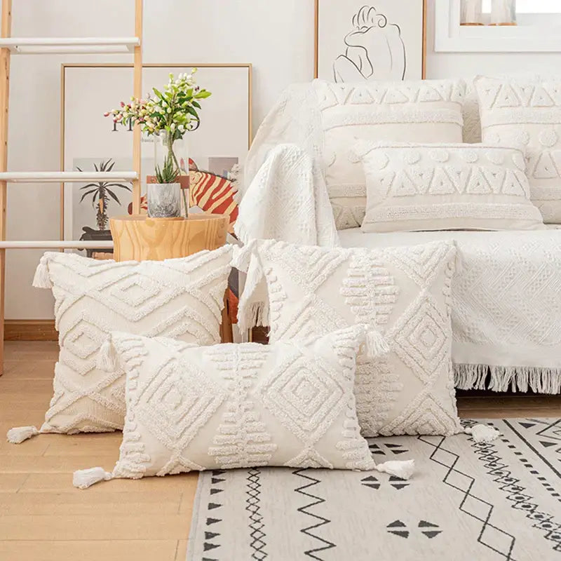 Boho cream cotton tassels cushion covers living room pillow case
