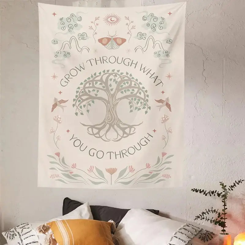 Boho cream life tree tapestry bedroom wall hanging