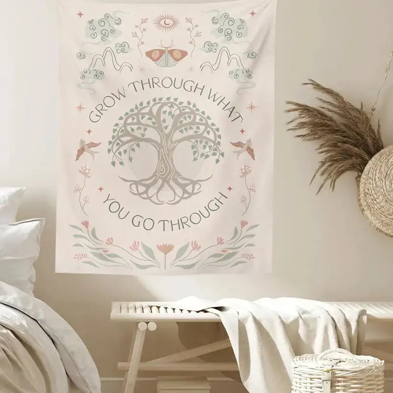 Boho cream life tree tapestry bedroom wall hanging