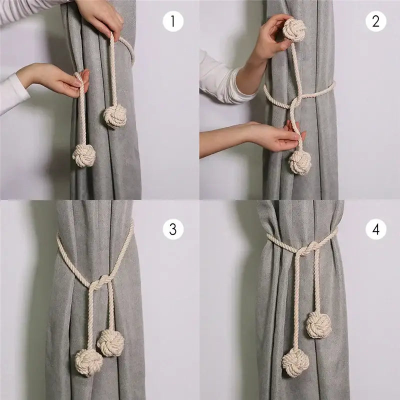 Boho cream handwoven cotton curtain tieback – living room tassel decor