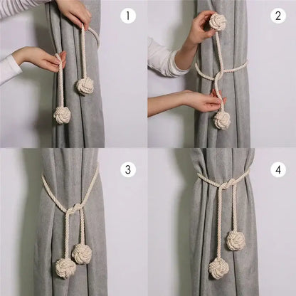 Boho cream handwoven cotton curtain tieback – living room tassel decor