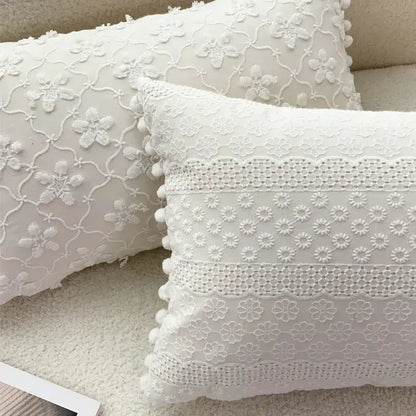 Boho cream lace floral cushion cover living room pom pom pillow