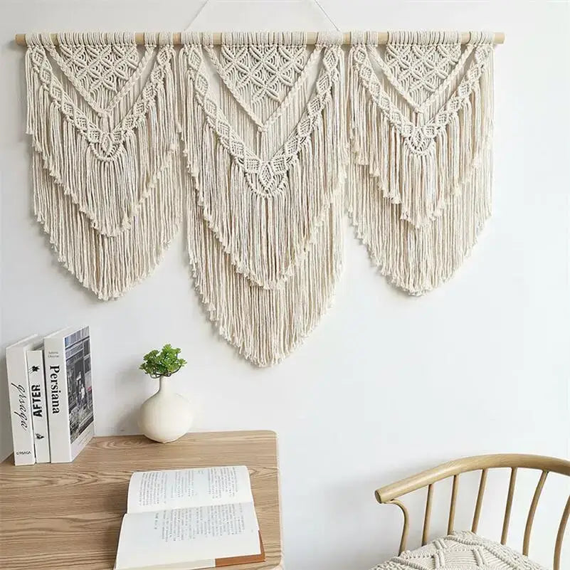 Boho cream macrame wall hanging tapestry bedroom geometric fringe