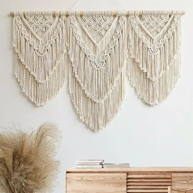 Boho cream macrame wall hanging tapestry bedroom geometric fringe