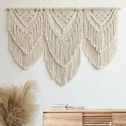 Boho cream macrame wall hanging tapestry bedroom geometric fringe