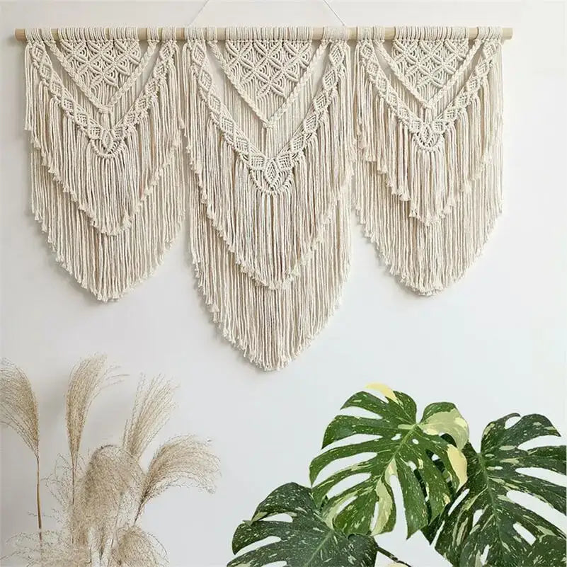 Boho cream macrame wall hanging tapestry bedroom geometric fringe